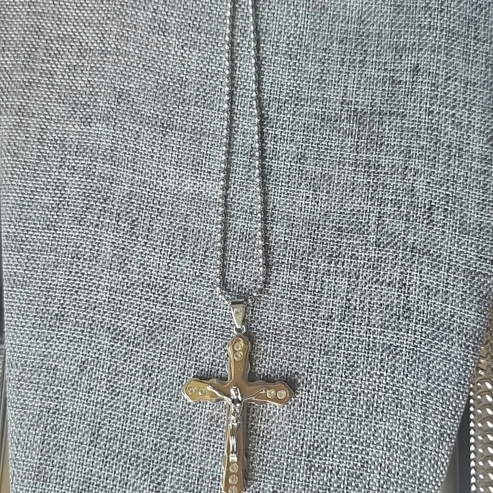 NIB Gold and Silver Crucifix Pendant Necklace Rhinestone Accents